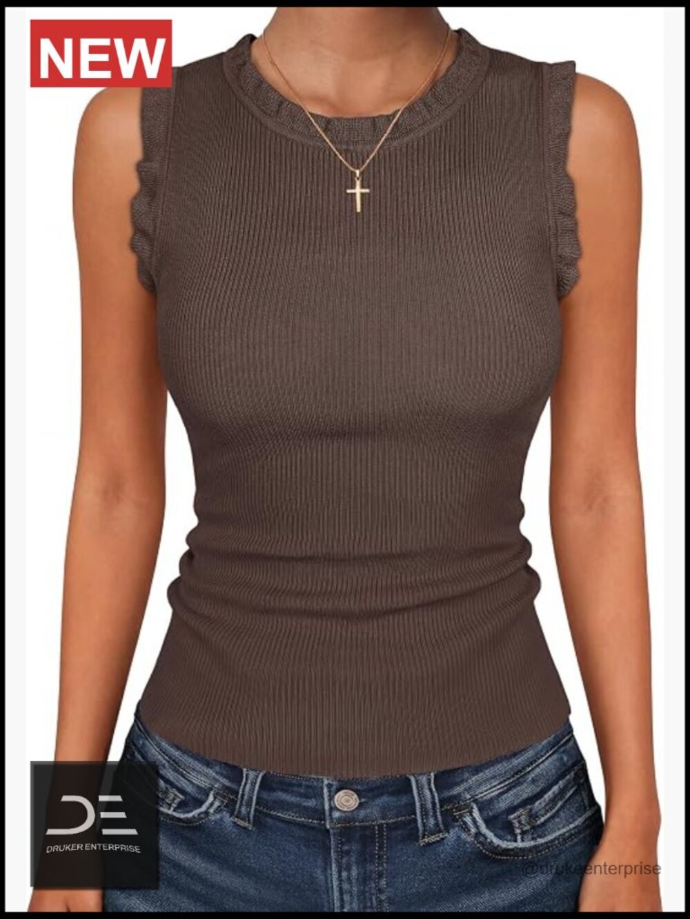 Ribbed Tank Top with Ruffle Trim Crew Neck Sleeveless Summer Business Casual